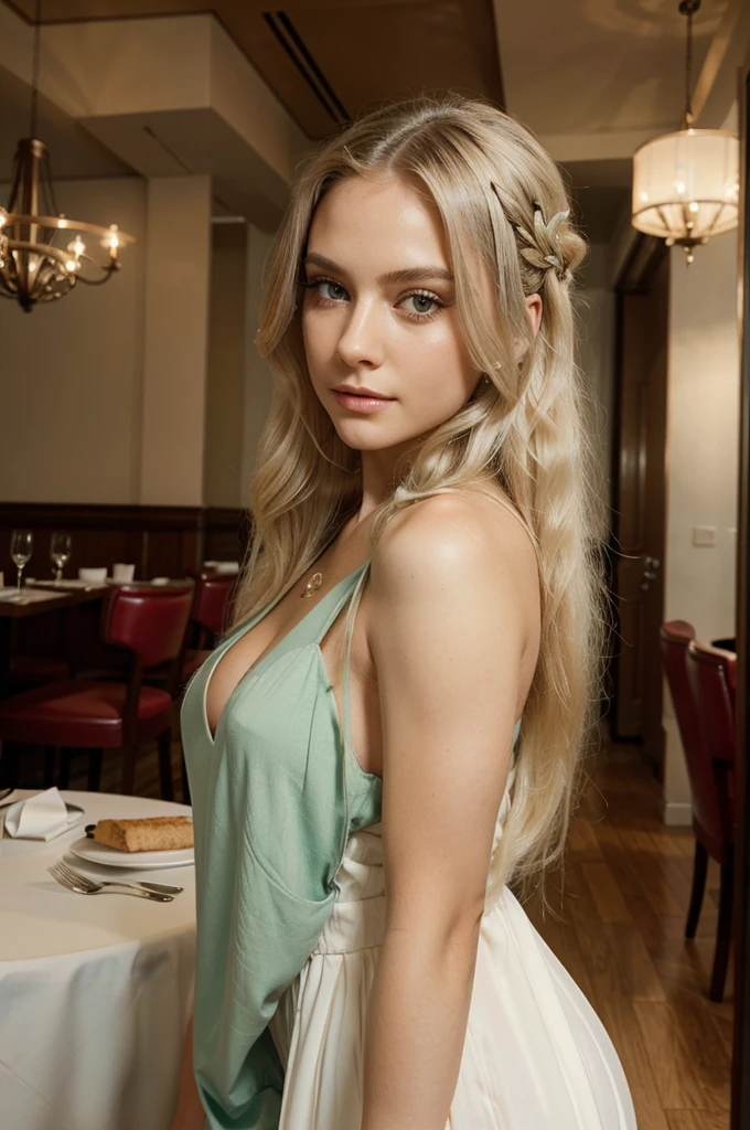 A strikingly beautiful woman. She had long white hair that flowed in soft waves down her back, perfectly framing her face. Her eyes were a mesmerizing shade of green.  Neckline.
She was dressed in a chic, elegant outfit against the backdrop of a restaurant.
perfect detail, HD quality, 8K. Masterpiece, close up, realistic photo, complex details, sexy photo.