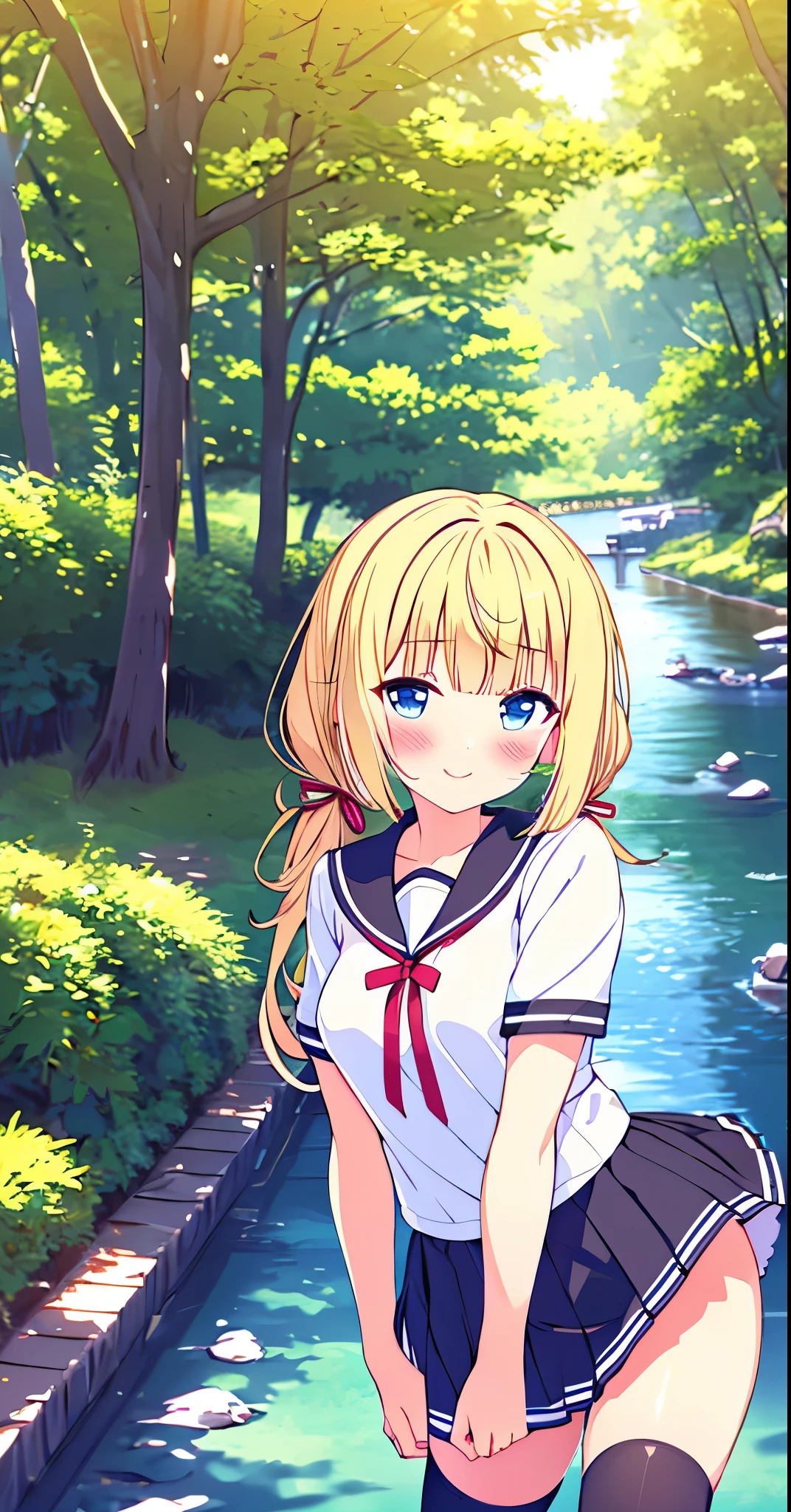 (masterpiece, best quality:1.4),looking at viewer,cowboy shot,smile,blush,eriri spencer sawamura,blonde hair,long hair,twintails,ribbon,blue eyes,small breasts,,short sleeves,pleated skirt,thighhighs,outdoors,nature,tree,path,river,
