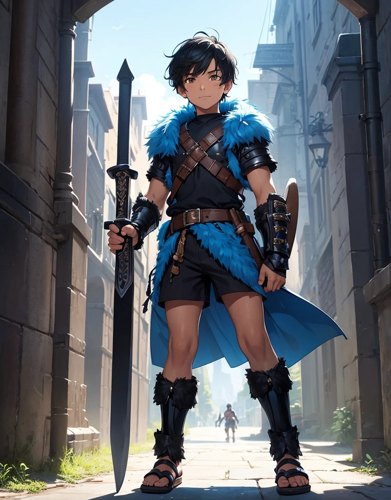 Young boy with black hair, brown eyes and fair skin, innocent and happy, wearing neon blue barbarian fur tunic, black shorts, gauntlets and sandals, weilding sword and shield, blue armor, fullbody, medieval background, boyish athletic
