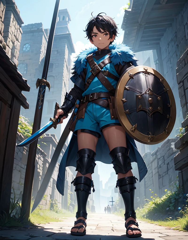 Young boy with black hair, brown eyes and fair skin, innocent and happy, wearing neon blue barbarian fur tunic, black shorts, gauntlets and sandals, weilding sword and shield, blue armor, fullbody, medieval background, boyish athletic