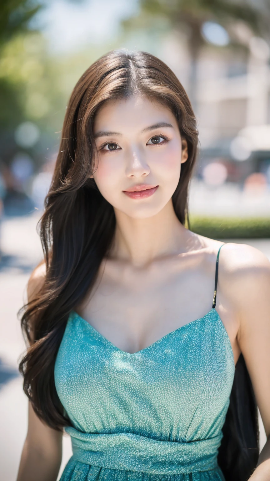 ((Best quality, 8K, masterpiece:1.3)),1girl,18 years old,Asian,Real texture:1.3,(Background blur:1.1),Gorgeous long dress,Tall and slender figure:1.2,(Hot summer weather),(street:1.3),Highly detailed face and skin textures,Exquisite eyes,Long eyelashes,Double eyelids,Skin Whitening,happy