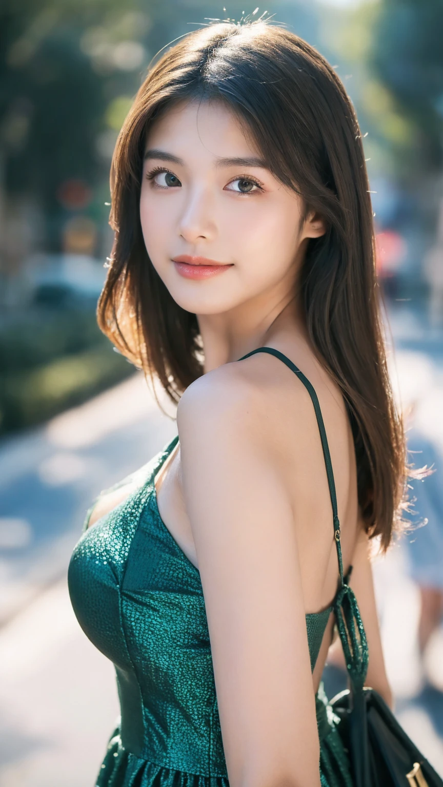 ((Best quality, 8K, masterpiece:1.3))，1girl，18 years old，Asian，Real texture:1.3，(Background blur:1.1)，Gorgeous long dress，Tall and slender figure:1.2，(Hot summer weather)，（street:1.3），Highly detailed face and skin textures，Exquisite eyes，Long eyelashes，Double eyelids，Skin Whitening，happy，Various postures，Big breasts