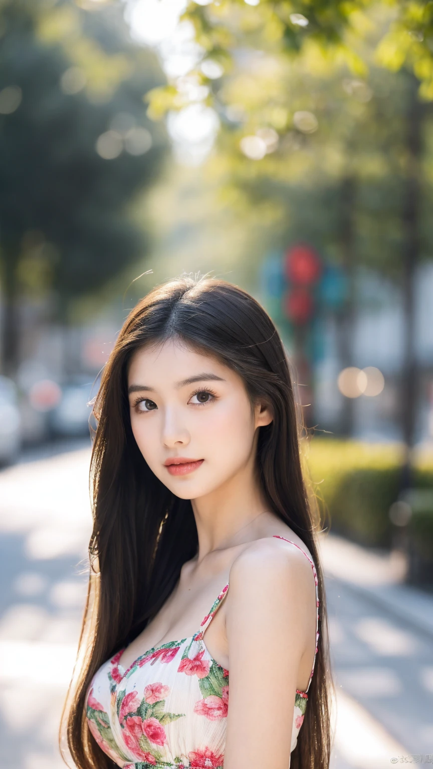 ((Best quality, 8k, masterpiece:1.3)),1girl,18 years old,Asian,Real texture:1.3,(Background blur:1.1),Dress,Tall and slender figure:1.2,(Hot summer weather),(street:1.3),Highly detailed face and skin textures,Exquisite eyes,Long eyelashes,Double eyelids,Skin Whitening,happy,Various lenses,Beautiful breasts