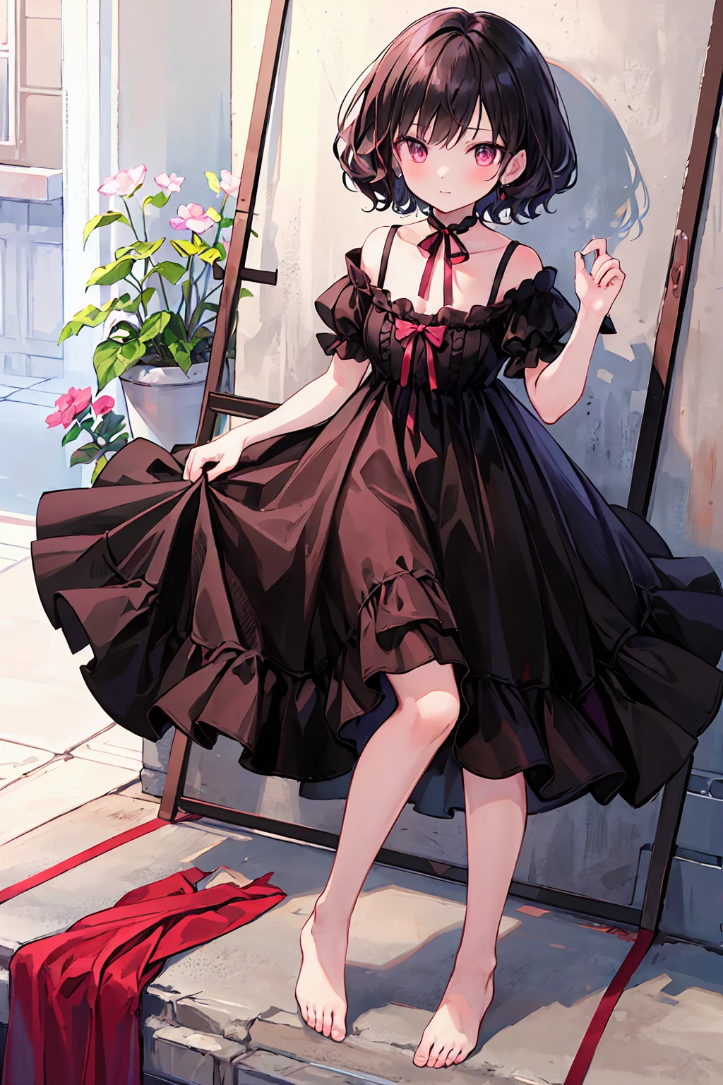 (masterpiece), (Highest quality), (Very detailed),Inabate,Black Hair,Curly Hair,Bobcut,Short-sleeved dress with red stitching at the hem,barefoot,Lolita,T々???,Clothes are pink