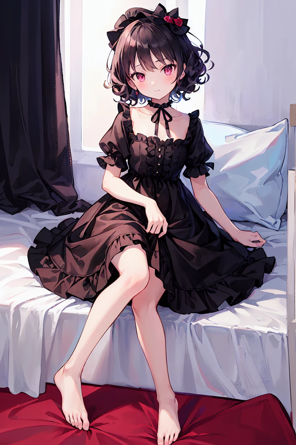 (masterpiece), (Highest quality), (Very detailed),Inabate,Black Hair,Curly Hair,Bobcut,Short-sleeved dress with red stitching at the hem,barefoot,ta,T々Kid,Clothes are pink