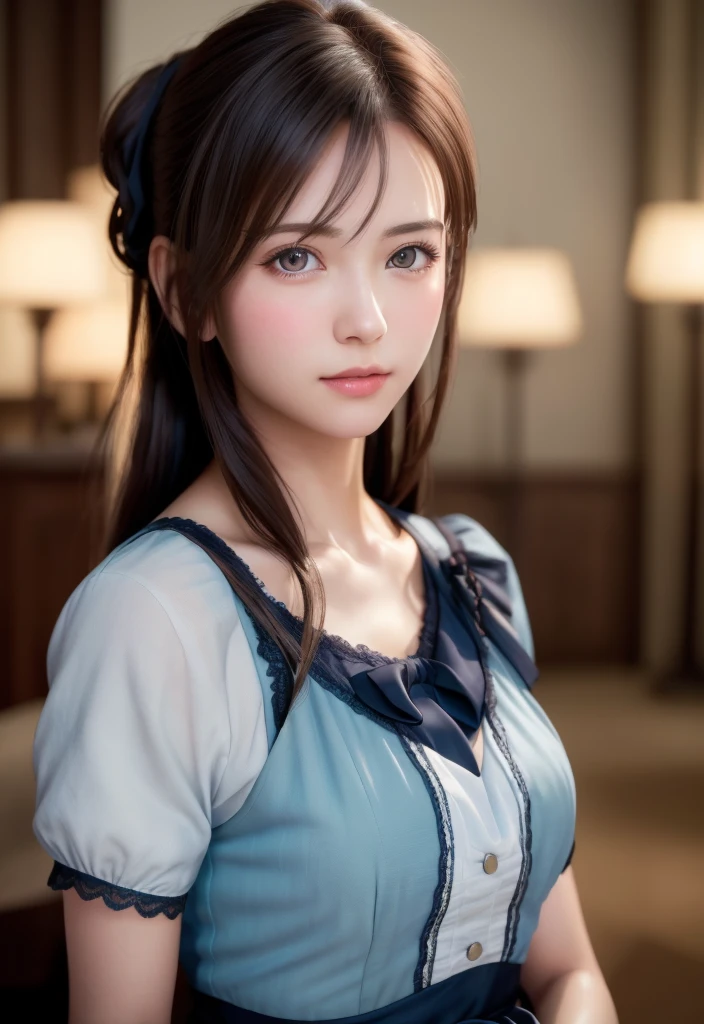 8K, of the highest quality, masutepiece:1.2), (Realistic, Photorealsitic:1.37), of the highest quality, masutepiece, Beautiful young woman, Pensive expression,、A charming、and an inviting look, Cute Maid Clothes, Hair tied back, Cinematic background, Light skin tone