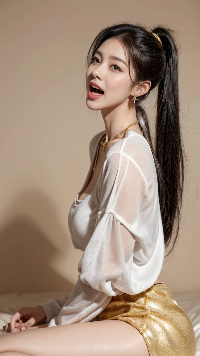 best quality,8k,Detailed facial depiction,Detailed eye description,White hair (long ponytail),beautiful Korean girl,25 years old,slim body,big chest size1:3,Sitting with legs apart,Smiling face,earrings,gold necklace , ((cowboy shot from side)), ((she Screaming loudly in fear)).