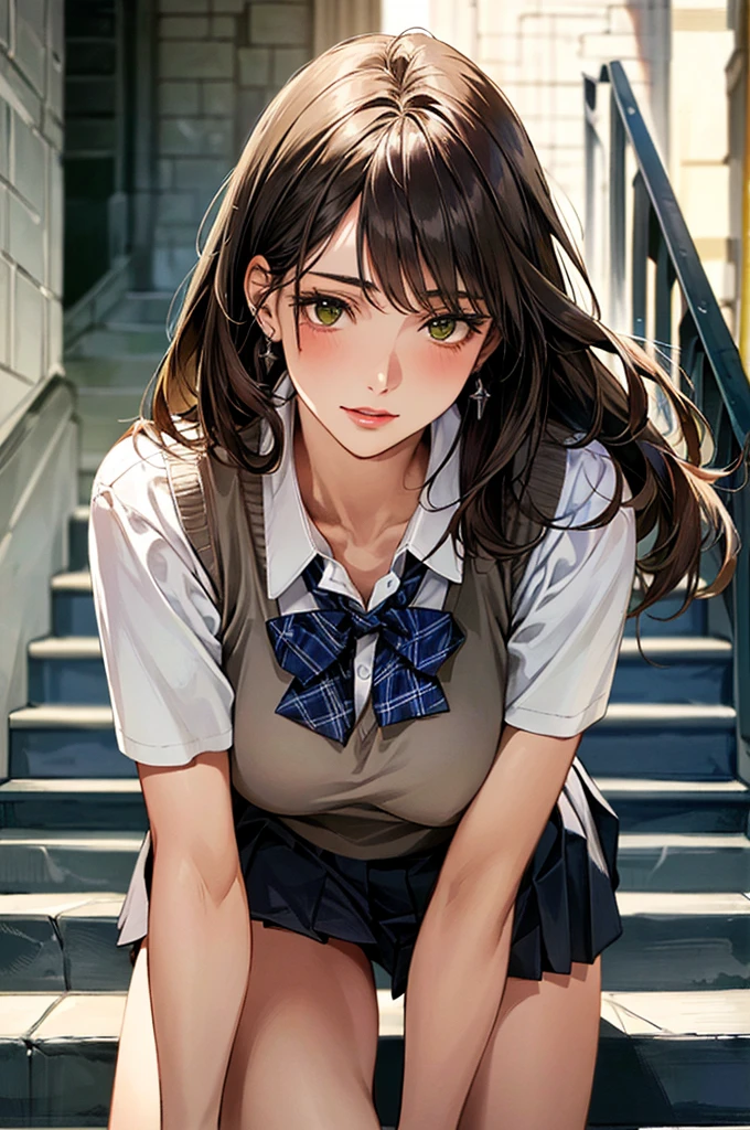 (masterpiece:1.3, Highest quality, Ultra-high resolution, Super detailed), (Realistic, photoRealistic:1.4), Beautiful illustrations, Perfect lighting, Natural light, colorful, Depth of written boundary, Surrealism,
Beautiful detailed hair, Beautifully detailed face, Beautiful attention to detail, Beautiful clavicle, Beautiful body, Beautiful breasts, Beautiful thighs, Beautiful feet, Beautiful fingers, Shiny skin, Baby Face,
((Recall, From behind, From below)), 1 Girl, high school girl, (Perfect Anatomy, Anatomically correct, Highly detailed skin), Cute and symmetrical face, Perfect Face, Perfect Eyes,
(Long Hair, Straight hair, Side Lock, Dark brown hair), bangs, Yellow-green eyes, Droopy eyes, Big eyes, Long eyelashes, (Large Breasts:1.2, Captivating thighs), thin, Excellent style,
((Detailed cloth texture, break,break, White collared shirt, break,break, Light brown knit vest, break,break, Navy check pleated skirt, break,break, Blue bow tie), break,break, White socks, Black Loafers),
(Beautiful views), evening, (Station stairs, Climbing the stairs,), Skirts that turn over in strong winds, Stylish white panties hidden under a skirt, Hands on hips, (Falter, Embarrassing),