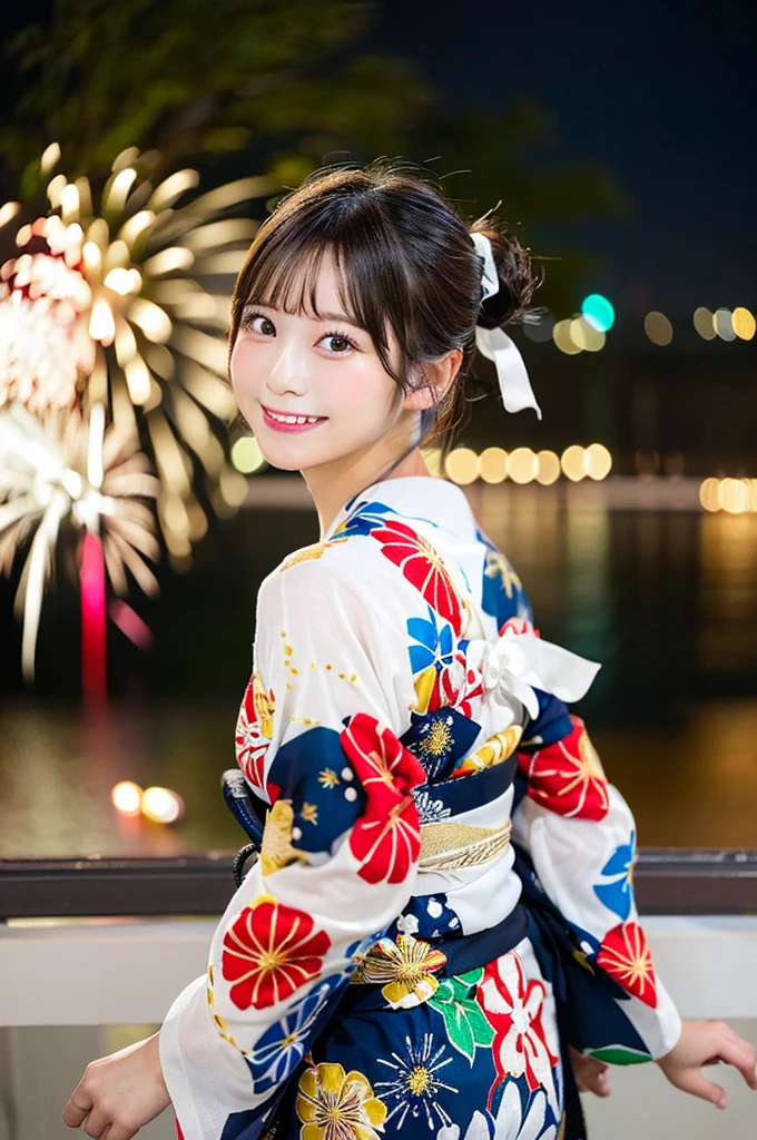 ((Highest quality, 8K, masterpiece: 1.3)),RAW Photos,Realistic atmosphere,Lens flare, Ray Tracing,(Detailed beautiful white skin:1.3),Beautiful Japanese,27 years old, High-resolution face,Bun Hair,Red and gold hair ornament,(Watching the fireworks wearing a floral yukata:1.2),Huge fireworks,(White yukata with sleeves:1.2),((Ribbon-type obi:1.3)),((Looking back with an innocent smile:1.3)),Blurred grand fireworks,(Many colorful fireworks:1.tar Mine,Fireworks across the sky,Large fireworks,Huge fireworks