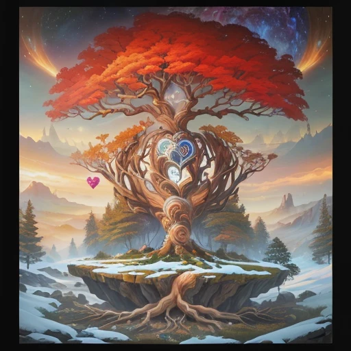 a painting of a tree with a heart on a rock, the world tree, world tree, cosmic tree of Life, Yggdrasil, tree of Life seed of doubt, detailed cover, the tree of Life, tree of Life, psytrance work, progressive rock album cover, official artwork, the beginning of time