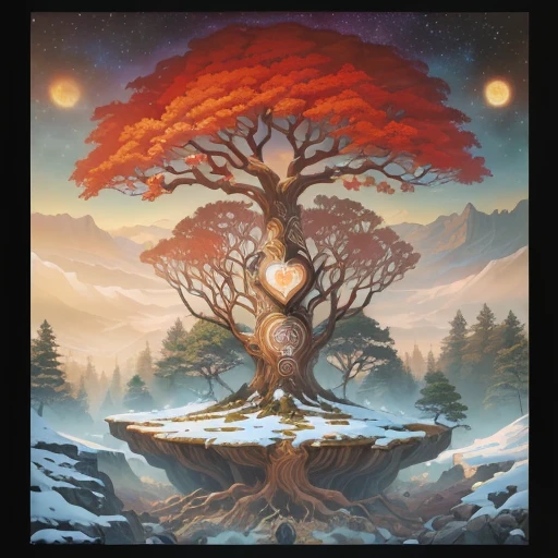 a painting of a tree with a heart on a rock, the world tree, world tree, cosmic tree of Life, Yggdrasil, tree of Life seed of doubt, detailed cover, the tree of Life, tree of Life, psytrance work, progressive rock album cover, official artwork, the beginning of time