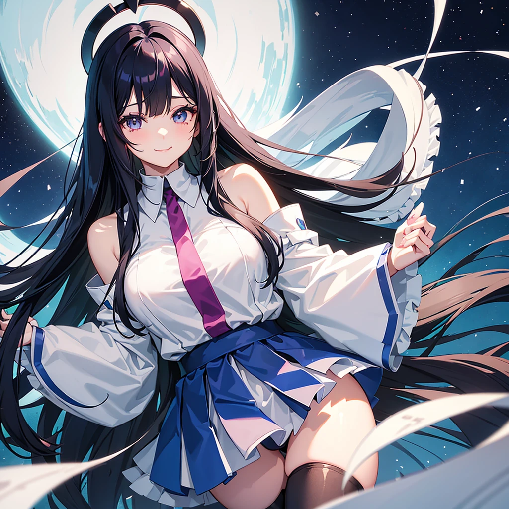 Anime girl with very long dark blue hair with straight bangs with some strands of hair next to her cheeks, slanted fuchsia eyes with a smile on her face mature body a mole under each eye with a gray skirt with long stockings up to her legs and a white shirt with blue lines