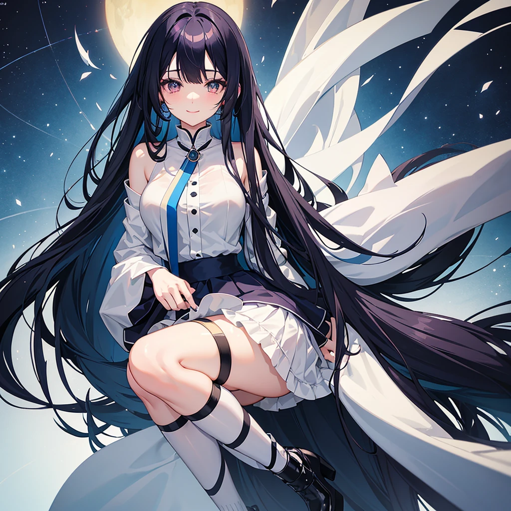 Anime girl with very long dark blue hair with straight bangs with some strands of hair next to her cheeks, slanted fuchsia eyes with a smile on her face mature body a mole under each eye with a gray skirt with long stockings up to her legs and a white shirt with blue lines 