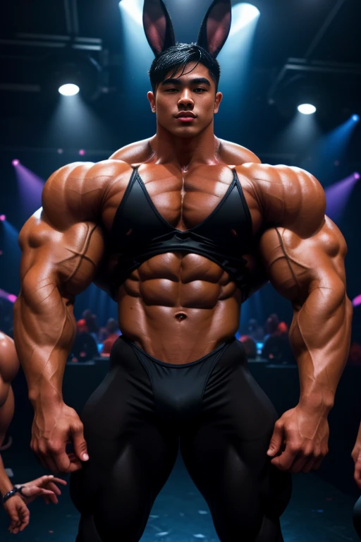 2 sexy Asian twinks with semi-short hair and a lot of body hair, super strong with a lot of muscle., They wear a very tight black playboy bunny outfit., developer, sexy, stripper in a gay nightclub, young boys touching their muscles, young guys around him touch his muscles