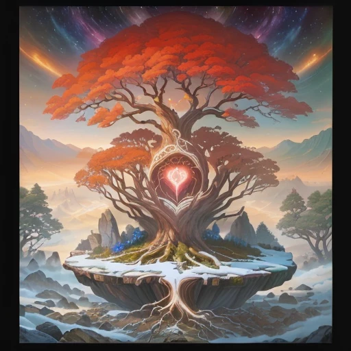 a painting of a tree with a heart on a rock, the world tree, world tree, cosmic tree of Life, Yggdrasil, tree of Life seed of doubt, detailed cover, the tree of Life, tree of Life, psytrance work, progressive rock album cover, official artwork, the beginning of time