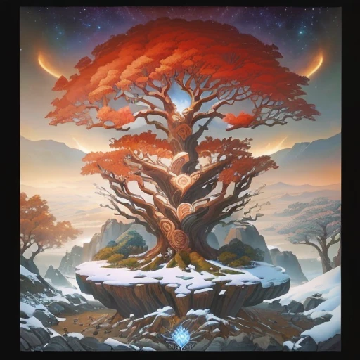 a painting of a tree with a heart on a rock, the world tree, world tree, cosmic tree of Life, Yggdrasil, tree of Life seed of doubt, detailed cover, the tree of Life, tree of Life, psytrance work, progressive rock album cover, official artwork, the beginning of time