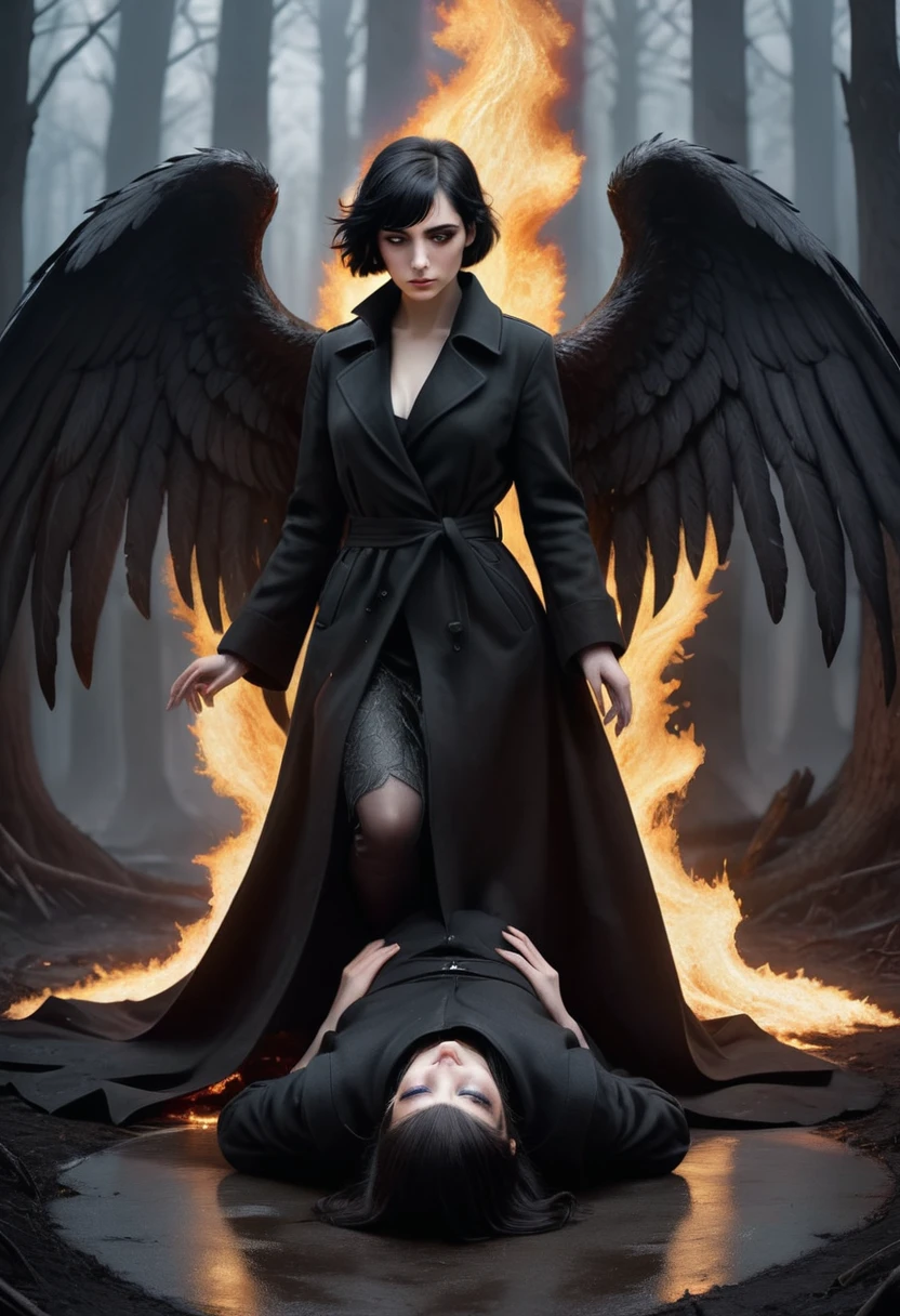Dark Book Cover:
A fallen angel dominates the scene, its immense black wings contrasting with its pale skin. Her short black hair falls wildly over her face., partially hiding your dark eyes. He is kneeling, with one knee touching the rough ground, wrapped in a long black overcoat that flaps in the wind. Behind him, a flaming portal to hell emerges, radiating a sinister and threatening light, projecting shadows that seem to move with a life of their own. The atmosphere is filled with despair and mystery, capturing the essence of a world lost between redemption and damnation.