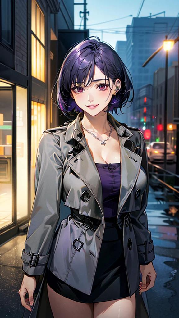 (masterpiece:1.3, Highest quality, Ultra-high resolution, Very detailed), (Realistic, photoRealistic:1.4), Beautiful illustrations, (Natural Side Lighting, Cinema Lighting), colorful, Written boundary depth, Beautiful detailsまでこだわった髪, Beautifully detailed face, Beautiful details, Beautiful clavicle, Beautiful body, 美しいLarge Breasts, Beautiful thighs, Beautiful legs, Beautiful fingers, Show Viewer、Front view:0.8, beauty1人, Japanese, beauty、30 years old, Perfect Face, (Perfect Anatomy, Anatomically correct), Cute and symmetrical face, Baby Face, , Shiny skin, ((Grey trench coat:1.4)), (Black Skirt:1.5) (Purple Hair, Short Hair:1.4), Red eyes, (Large Breasts), The body is slim, necklace, (Beautiful views), (night), (city、England), Standing with good posture, 優しいsmile、(smile, Lips parted),