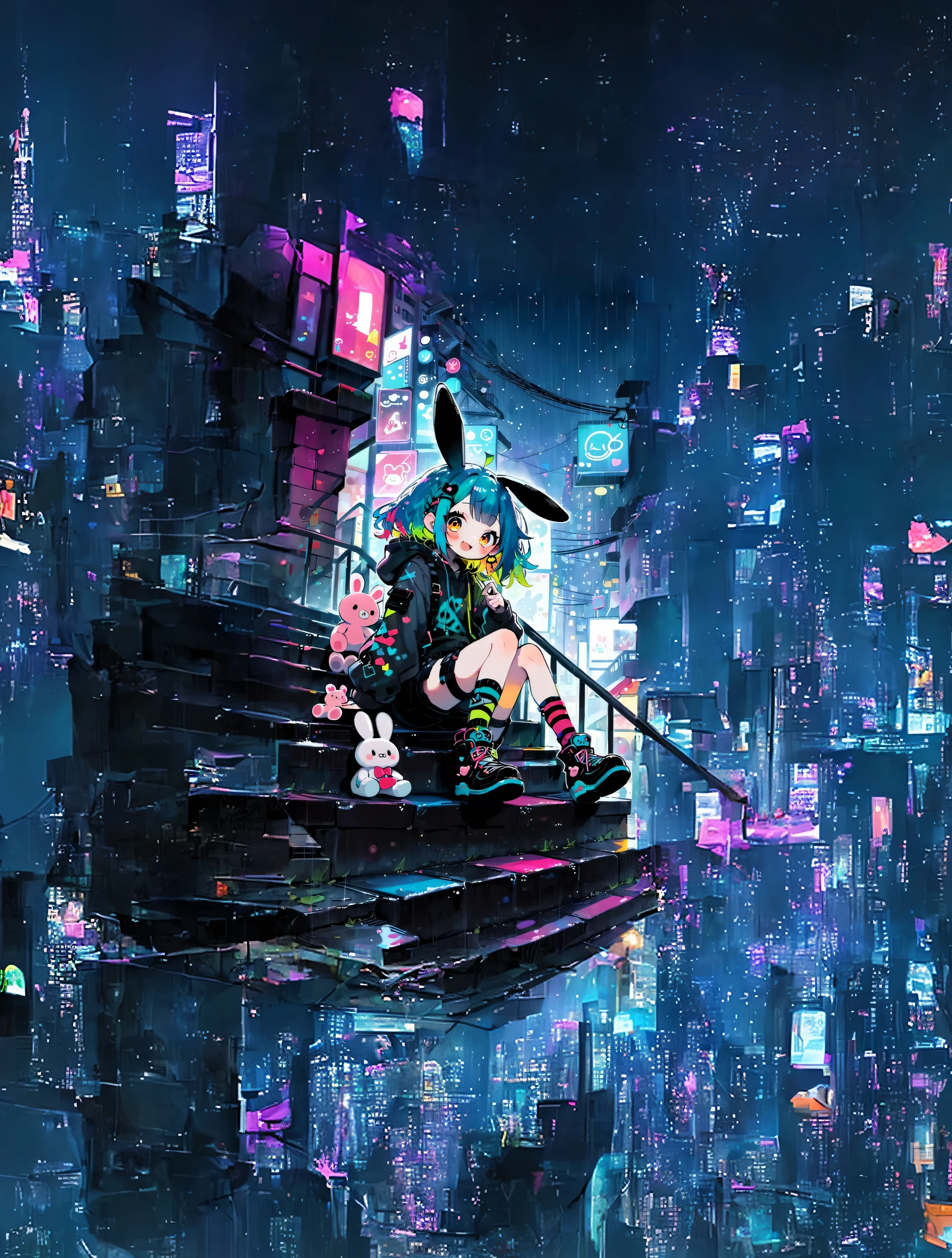 A cyberpunk worldview. Please expand the left side of the blue and purple stairs on which the blue-haired girl sits in the same way. Skyscrapers and a beautiful night view spread out above. There are also many buildings with cyberpunk signs on the right side, so please add them in a way that matches the original illustration.