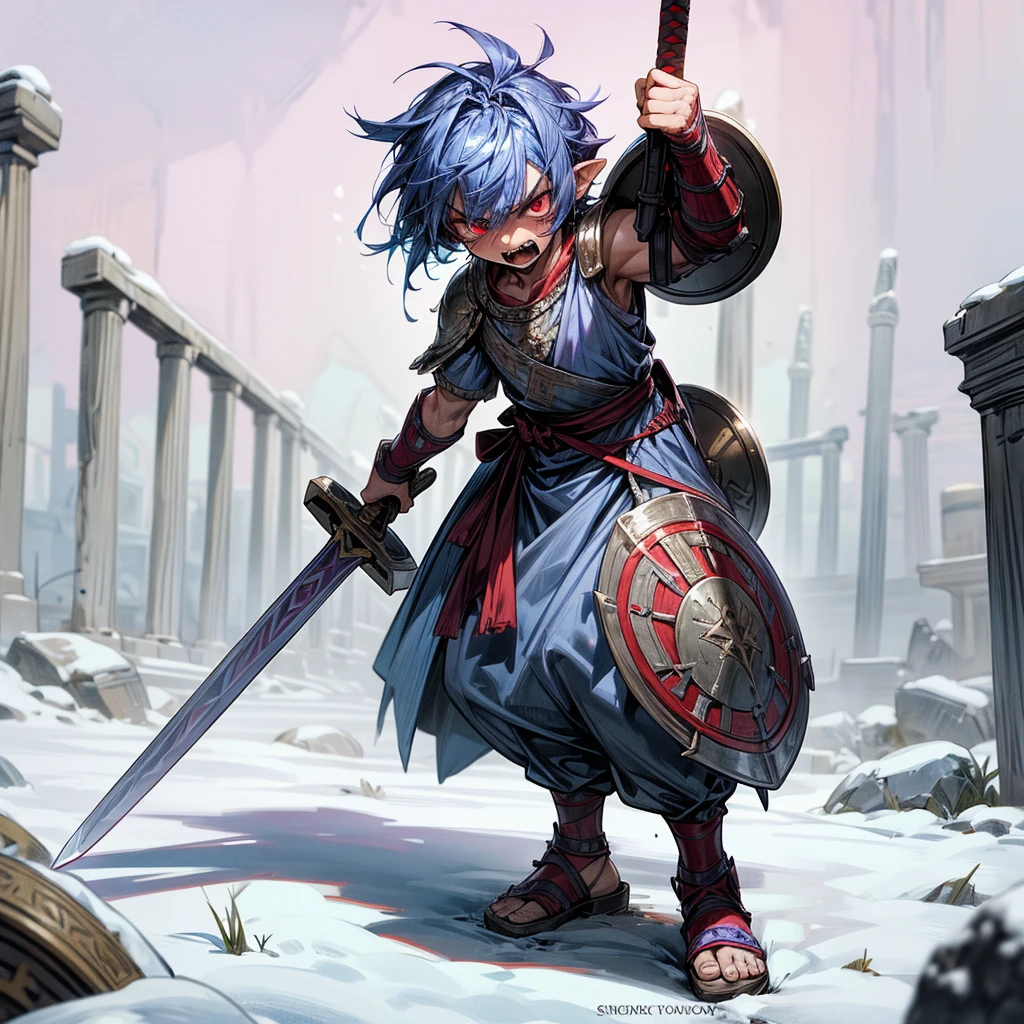 1little boy orc, Full body version, red eyes, purple colour skins, angry eyes, cut hair, blue colour hair, angry expression, ancient greek clothing, gladiator sandals, plain sword in hand, small shield, plain armor vest, Grassroots background in snow