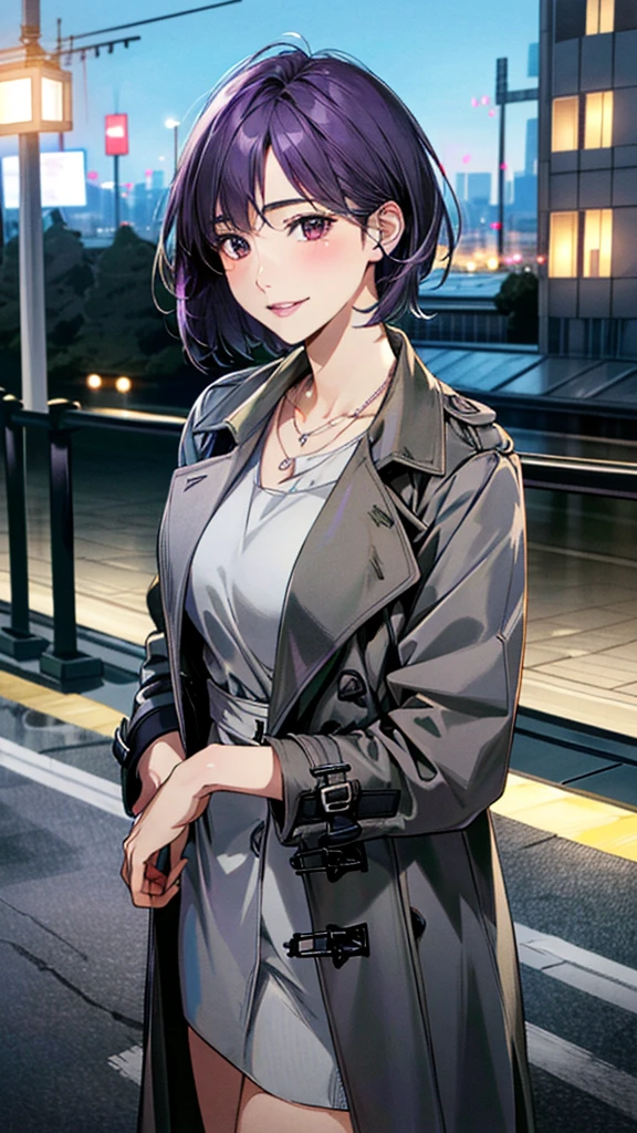 (masterpiece:1.3, Highest quality, Ultra-high resolution, Very detailed), (Realistic, photoRealistic:1.4), Beautiful illustrations, (Natural Side Lighting, Cinema Lighting), colorful, Written boundary depth, Beautiful detailsまでこだわった髪, Beautifully detailed face, Beautiful details, Beautiful clavicle, Beautiful body, 美しいLarge Breasts, Beautiful thighs, Beautiful legs, Beautiful fingers, Show Viewer、Front view:0.8, beauty1人, Japanese, beauty、30 years old, Perfect Face, (Perfect Anatomy, Anatomically correct), Cute and symmetrical face, , , Shiny skin, ((Closing the coat、Grey trench coat:1.4)), (Purple Hair, Short Hair:1.4), Red eyes, (Large Breasts), The body is slim, necklace, (Beautiful views), (night), (city, cityscape in the distance), Standing with good posture, 優しいsmile、(smile, Lips parted),