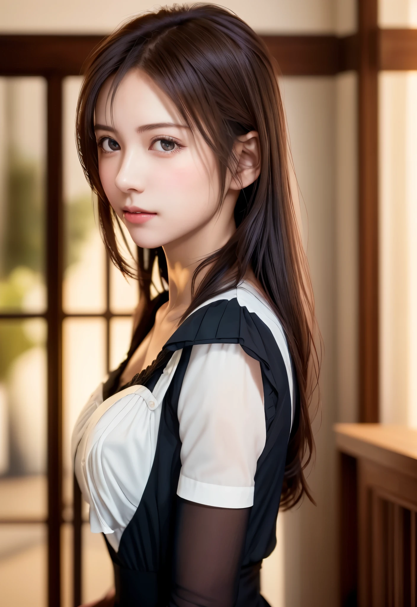 8K, of the highest quality, masutepiece:1.2), (Realistic, Photorealsitic:1.37), of the highest quality, masutepiece, Beautiful young woman, Pensive expression,、A charming、and an inviting look, Cute Maid Clothes, Hair tied back, Cinematic background, Light skin tone