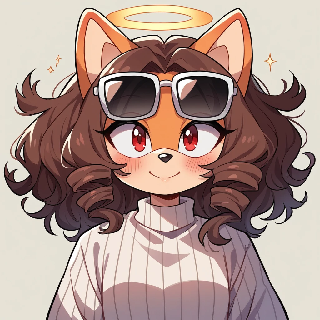 score_9, score_8_up, mobian, solo, hedgehog, two-tone fur ((orange fur, brown fur)), ribbed sides holes winter dress, high-top sneakers, small breasts, two-tone hair (brown hair, black tip)), curly hair, halo, sunglasses, jewelry, red eyes, longeyelashes, red eyes, smile, shy, blush, pose, close up