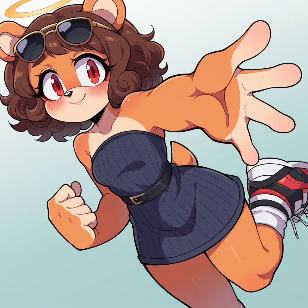 score_9, score_8_up, mobian, solo, hedgehog, two-tone fur ((orange fur, brown fur)), ribbed sides holes winter dress, high-top sneakers, small breasts, two-tone hair (brown hair, black tip)), curly hair, halo, sunglasses, jewelry, red eyes, longeyelashes, red eyes, smile, shy, blush, pose, close up