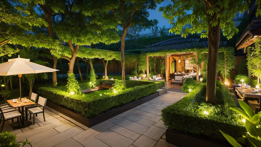 The restaurant's enchanting garden,with its lush greenery and soft lighting,provided a tranquil escape from the city's hustle and bustle