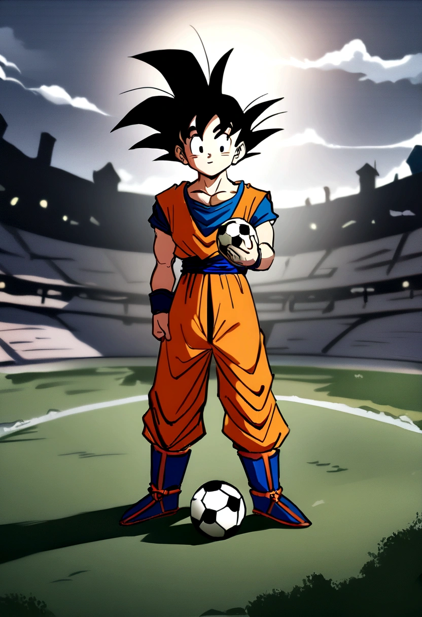 Goku like Super Sayajin , goku blue outfit , anime styling , Football scenario , (( image without deformities)) , best resolution , best qualityer , steady look , ​masterpiece, holding a soccer ball in his hand.