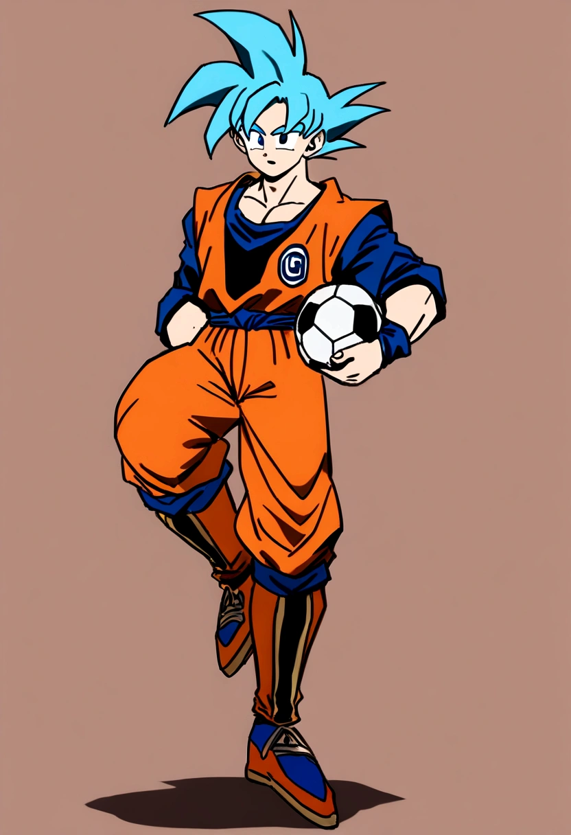 Goku like Super Sayajin , goku blue outfit , anime styling , Football scenario , (( image without deformities)) , best resolution , best qualityer , steady look , ​masterpiece, holding a soccer ball in his hand.