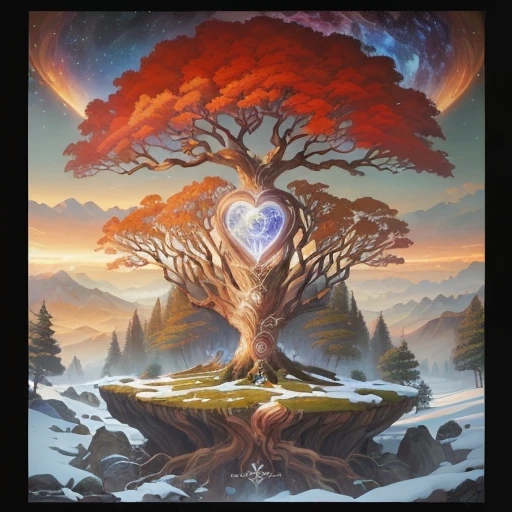 a painting of a tree with a heart on a rock, the world tree, world tree, cosmic tree of Life, Yggdrasil, tree of Life seed of doubt, detailed cover, the tree of Life, tree of Life, psytrance work, progressive rock album cover, official artwork, the beginning of time