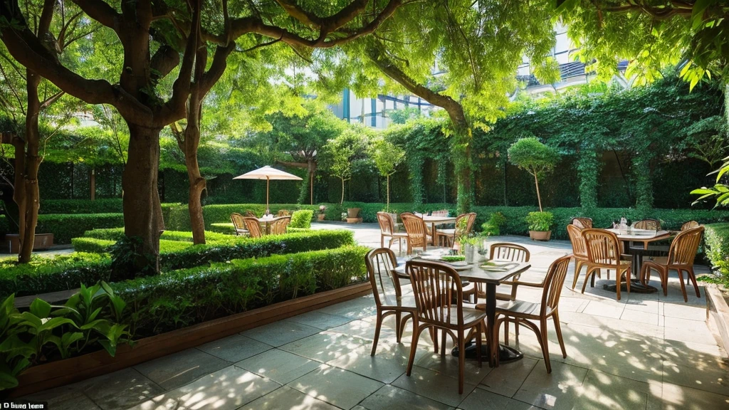 The cafe's enchanting garden,with its lush greenery and soft lighting,provided a tranquil escape from the city's hustle and bustle
