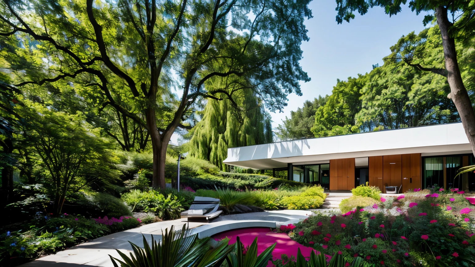 exterior,modern garden, (RAW photo,8k UHD, DSLR, hyper realistic ,high quality,film grain, Fujifilm XT3, masterpiece:1.2), (high detailed skin:1.2), sunlight, soft lighting, perfect lighting, archdaily, clarity
