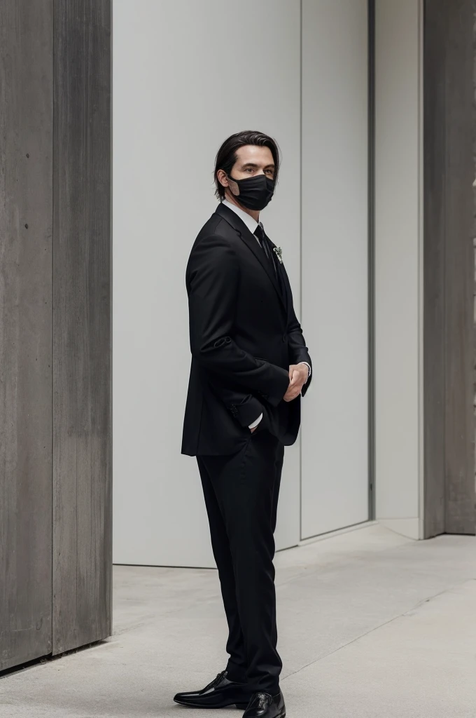 ((best qualityer)), ((work of art)), (detailded), 1 man with a white mask covering his entire face, the same is standing, in a black suit and with his hands in his pockets