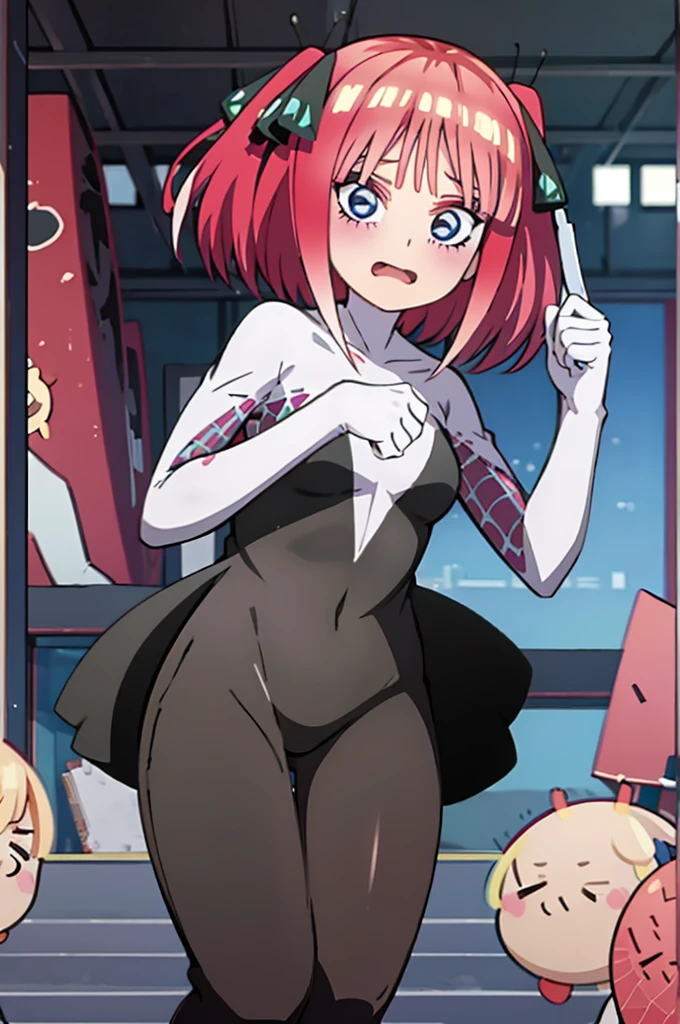 high-quality, detailed image of Nino Nakano wearing a Spider-Gwen suit, showcasing her distinctive twin tails and expressive features seamlessly blended with the sleek, stylish design of the superhero costume.
