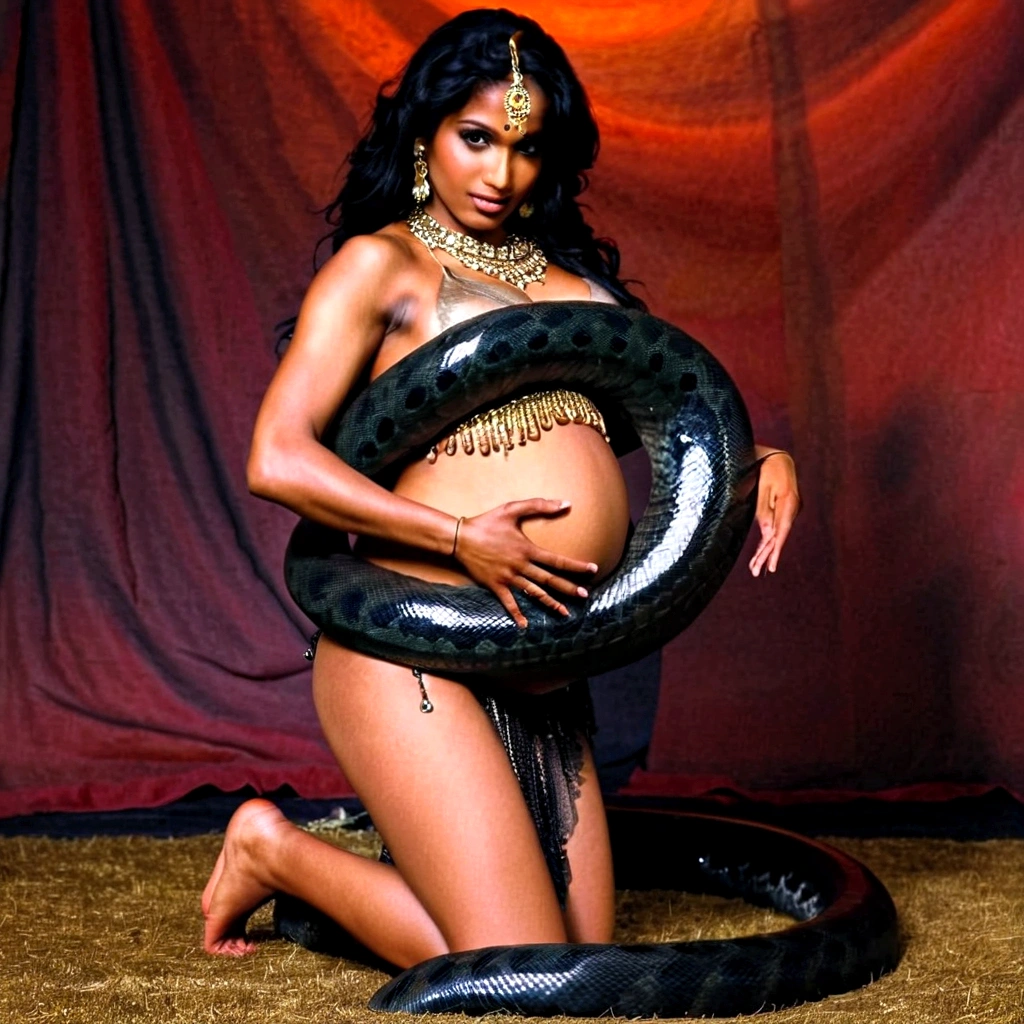  Pregnant  topless Happy Horny, aroused 1girl), beautiful kneeling indian young teen belly dancer with  giant colossal black titanboa squeezing her hard, wrapped in thick spiraling coils, constricted, struggle, gasping for air, snake attack, snake peril, moonless night, dim light