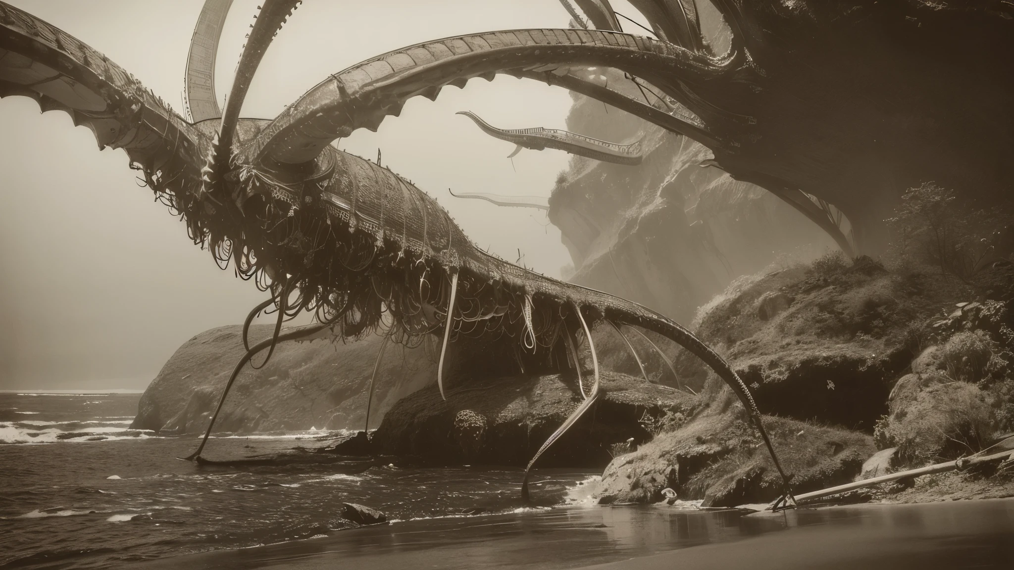 70s, A fantastical and imaginative digital painting of the sea spider Mithrodia robustus, depicting it in a surreal, otherworldly setting that emphasizes its alien-like appearance, vintage sepia, film effect, scandinavian vibe, diffused pale light, style  photography, analog  style, vintage colors,  xprocess