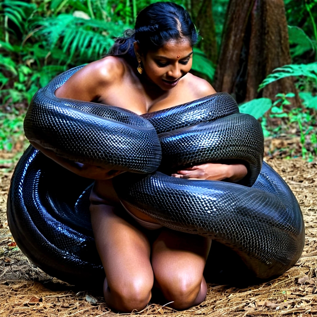 Pregnant Happy Horny, aroused 1girl), beautiful kneeling indian young girl with giant colossal black titanboa squeezing her hard, wrapped in thick spiraling coils, constricted, struggle, gasping for air, snake attack, snake peril, moonless night, dim light