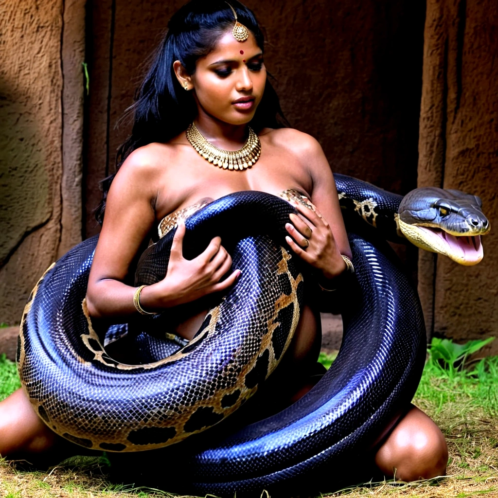  Pregnant  Happy Horny, aroused 1girl), beautiful kneeling indian young  girl  with  giant colossal black titanboa squeezing her hard, wrapped in thick spiraling coils, constricted, struggle, gasping for air, snake attack, snake peril, moonless night, dim light