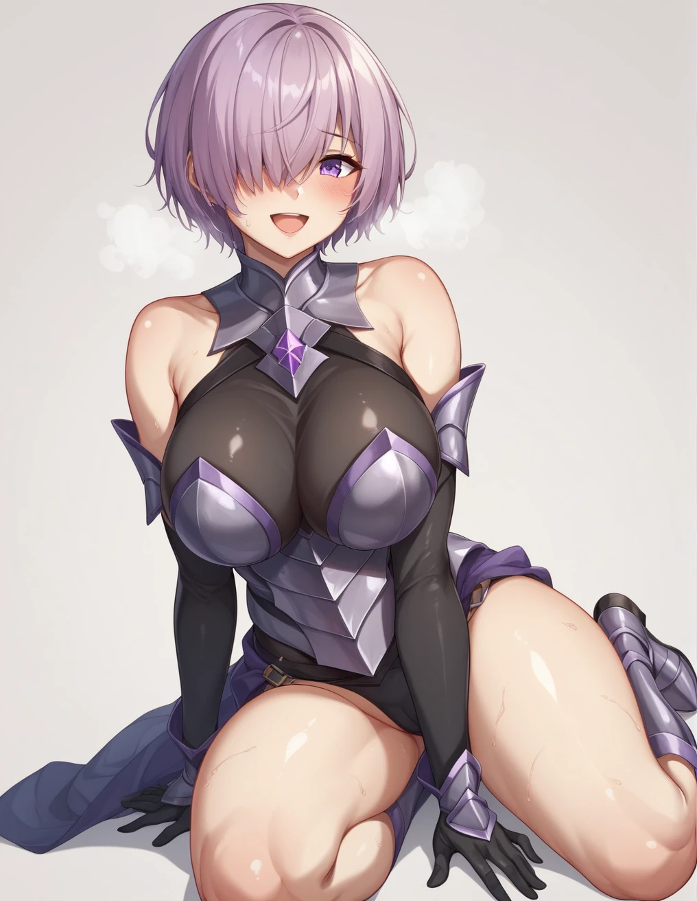 Ultra-detailed illustrations、Ultra-precise expression、masterpiece、Highest quality、ultra High resolution、High resolution、Hiromitsu Takeda Style、White background、Simple Background、One girl、solo、Mash Kyrielight、light purple hair,short hair,hair over one eyes、gloves, bare shoulders, elbow gloves, armor, black armor, boots、Purple eyes、Vulgar expression、smile、Open your mouth、blush、Large Breasts、Big Breasts、White Breath、Sweat、Glowing Skin、shiny skin、Thighs、View your viewers、