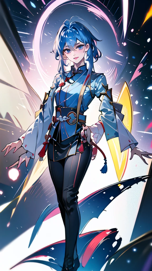 blank background, white background, Masterpiece, Best quality, just 1 Tang Wu Tong, the expression is cold, strong, blue eyes, short hair, wolfcut hairstyle, smoky mix blue color hair, resolute eyes, red lips, simple Taoist Taoist uniform, Chinese mix morden, frontal photo, anime, illustration, Chinese purple short-sleeved shirt, black or white background, simple background, front painting, half body, full body