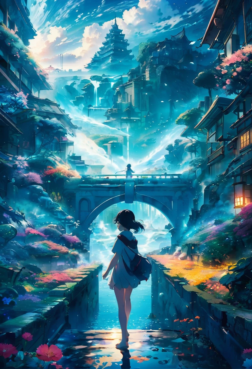 anime key visual, Masterpiece landscapes,A long hair girl, From the city of Atlantis, complex background, foggy condition, cyberdelic, flowering light, Macro lens, Estilo Tsuchida, splash of water drops, baby dragon 