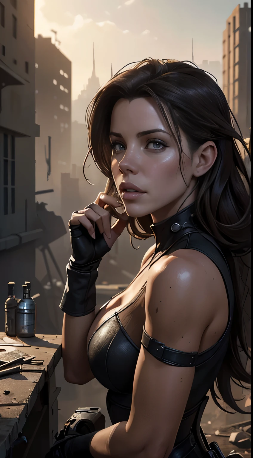 Foto hiperrealista en primer plano de Kate Beckinsale, masterpiece, best quality, (photorealistic:1.4), Create dystopian masterpieces. Depict the cityscape in the gritty style of the game's concept art. This work should evoke a sense of abandonment and despair in a futuristic, post-apocalyptic world. Notice the intricacies of detail, the sharp focus.
