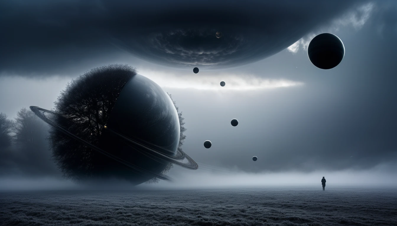 REALISTIC PHOTO TWO PLANETS SEPARATED BY A FEW KILOMETERS (((PLANETS ALMOST TOUCHING EXCHANGING MATTER))), ON A STORMY GRAY DAY A GIANT BLACK PLANET IS SEEN, R STYLE.h. GIGER VERY CLOSE, ALMOST TOUCHING. SHOWS GRAVITATIONAL FIELD ABSORBING AND RELEASING MATTER MUTUALLY, 4k image, ALTA RESOLUCIÓN E hÍPER REALISTA, FILM DAYLIGHTING, CLOUDY DAY WITH FOG.