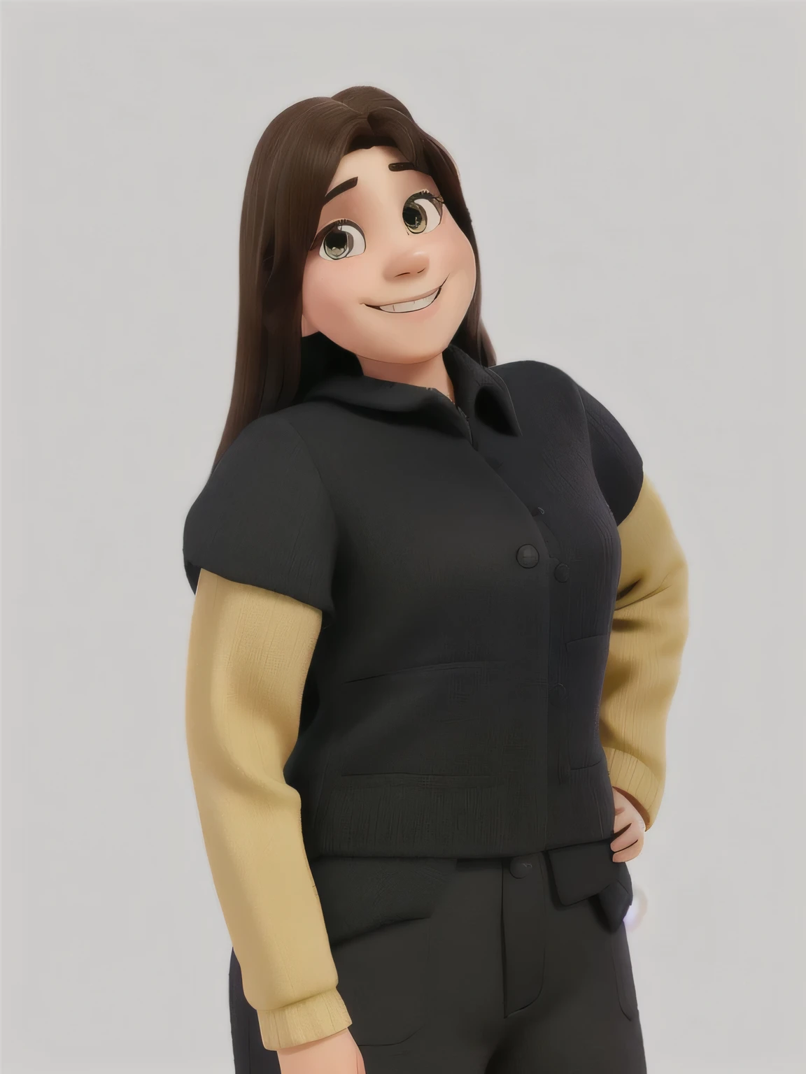 A smiling woman in black clothing with dark brown hair parted in the middle, Disney Pixar style, high qualiy, best qualityer
