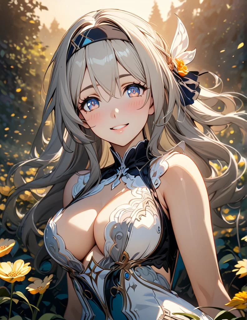 beautiful girl, long grey hair, beautiful face,smiling,close up to hips, beautiful breast, in the middle of flowers field, (open mouth:0.4),illustration,detailed textures(realists),ultra-detailed,portrait style,vivid colors,soft lighting, blushing, mature, hair fluttering, evening light , head band, ((half body)), no bra, cleavage, wearing intricate two tones wedding dress, perky. ((side profile until hips))