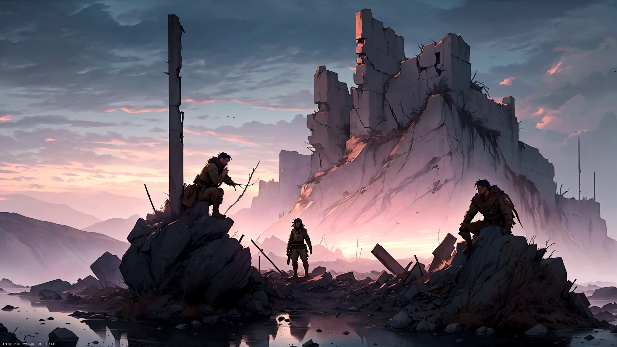 A strong, resilient man sitting on a rock in a desolate battlefield at twilight. He exudes a sense of enduring hope amidst an eternal struggle. Dressed in rugged, tattered clothing, he gazes into the distance with determination. The background is dramatic with a twilight sky, deep blues and purples, symbolizing a glimmer of hope. The landscape is barren, with remnants of a recent battle, like broken weapons and scattered debris. This scene captures a poignant moment of strength and hope in a war-torn environment.