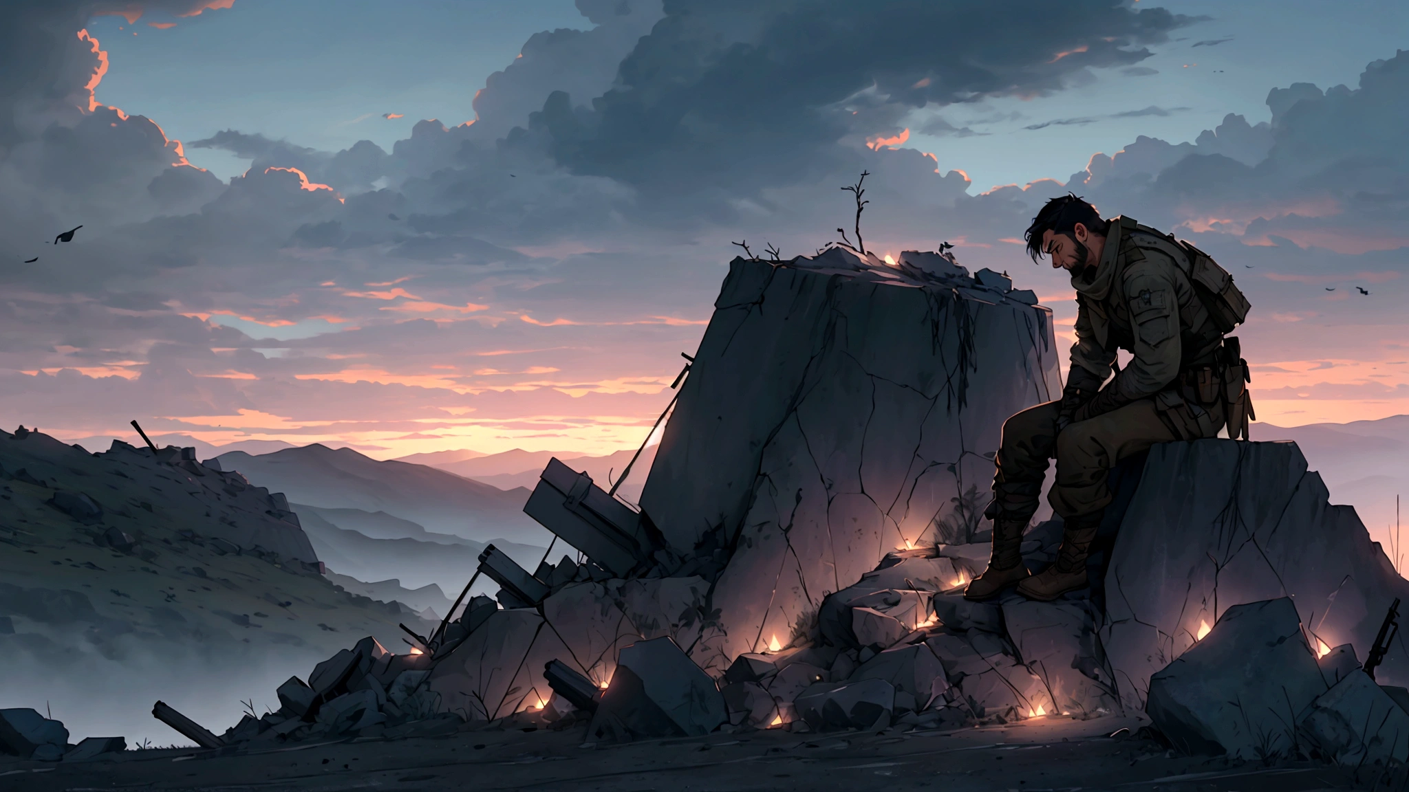A strong, resilient man sitting on a rock in a desolate battlefield at twilight. He exudes a sense of enduring hope amidst an eternal struggle. Dressed in rugged, tattered clothing, he gazes into the distance with determination. The background is dramatic with a twilight sky, deep blues and purples, symbolizing a glimmer of hope. The landscape is barren, with remnants of a recent battle, like broken weapons and scattered debris. This scene captures a poignant moment of strength and hope in a war-torn environment.