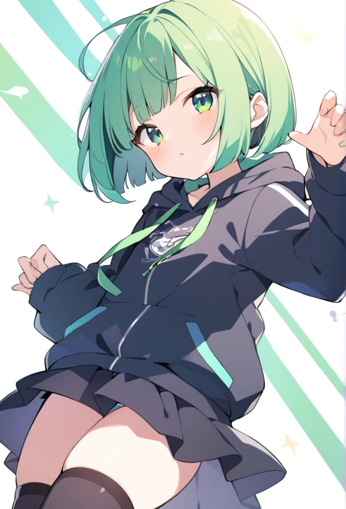 1 girl, cute, young, green hair, bob haircut, green eyes, hoodie, thigh high,